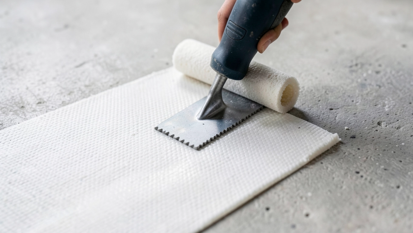 Nakładanie kleju pod matę hydroizolacyjną